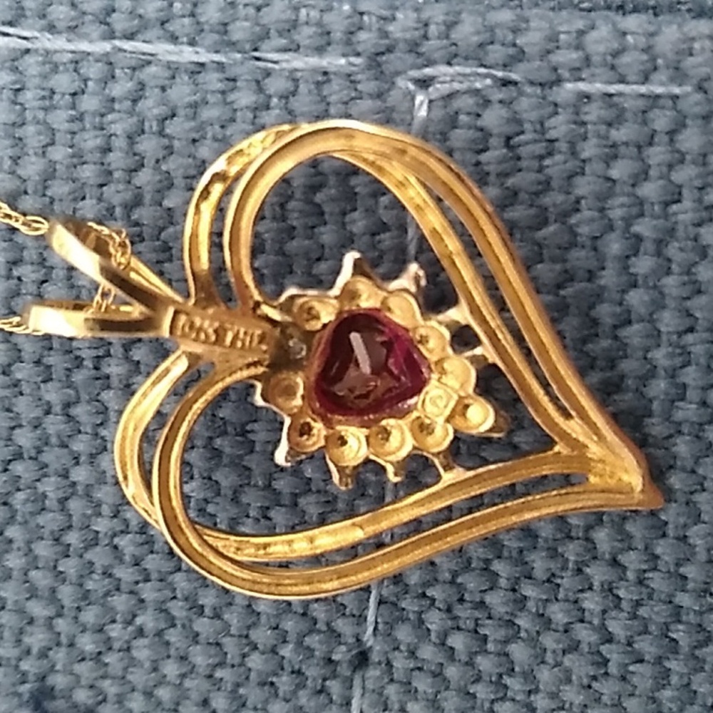 10kt Yellow Gold Diamond Ruby Heart Pendant W Original 10kt Gold Chain 20" - Picture 9 of 11
